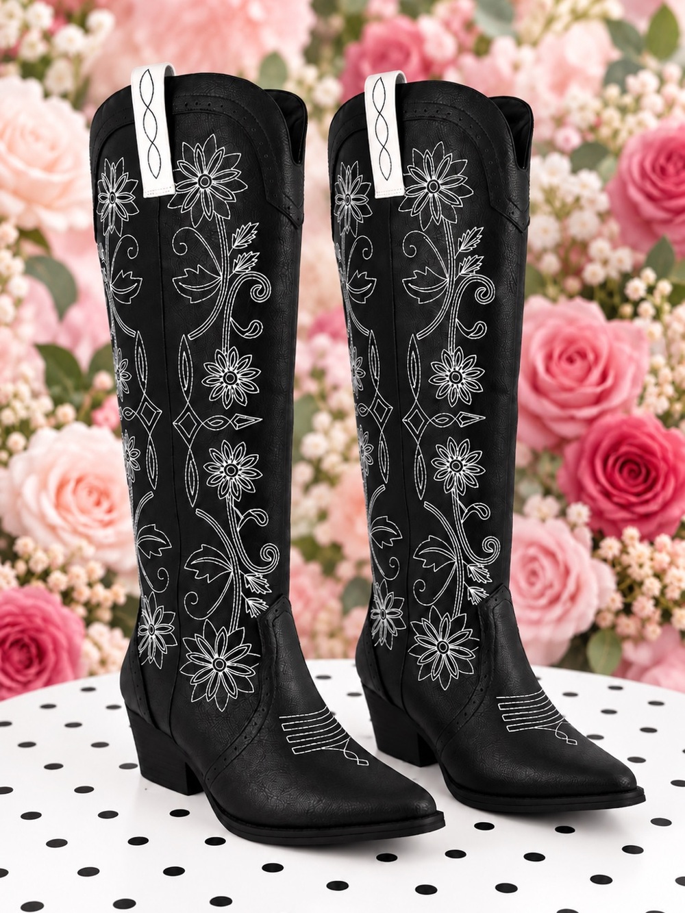 Black Floral Embroidered Over-the-Knee Western Boots for Women